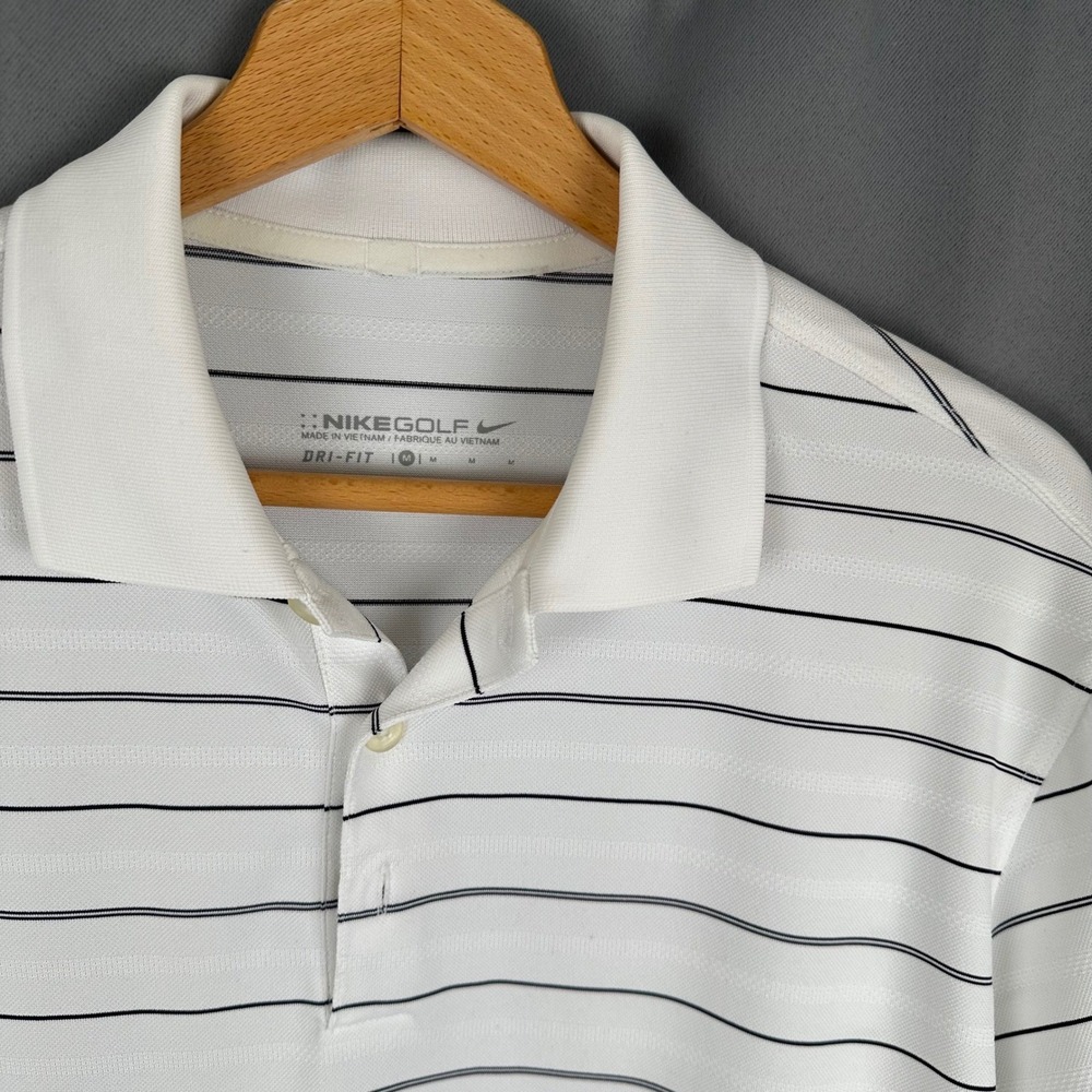 Nike Golf Dri-FIT Mens Polo Shirt White Black Striped Short Sleeve Size Medium - Picture 2 of 7